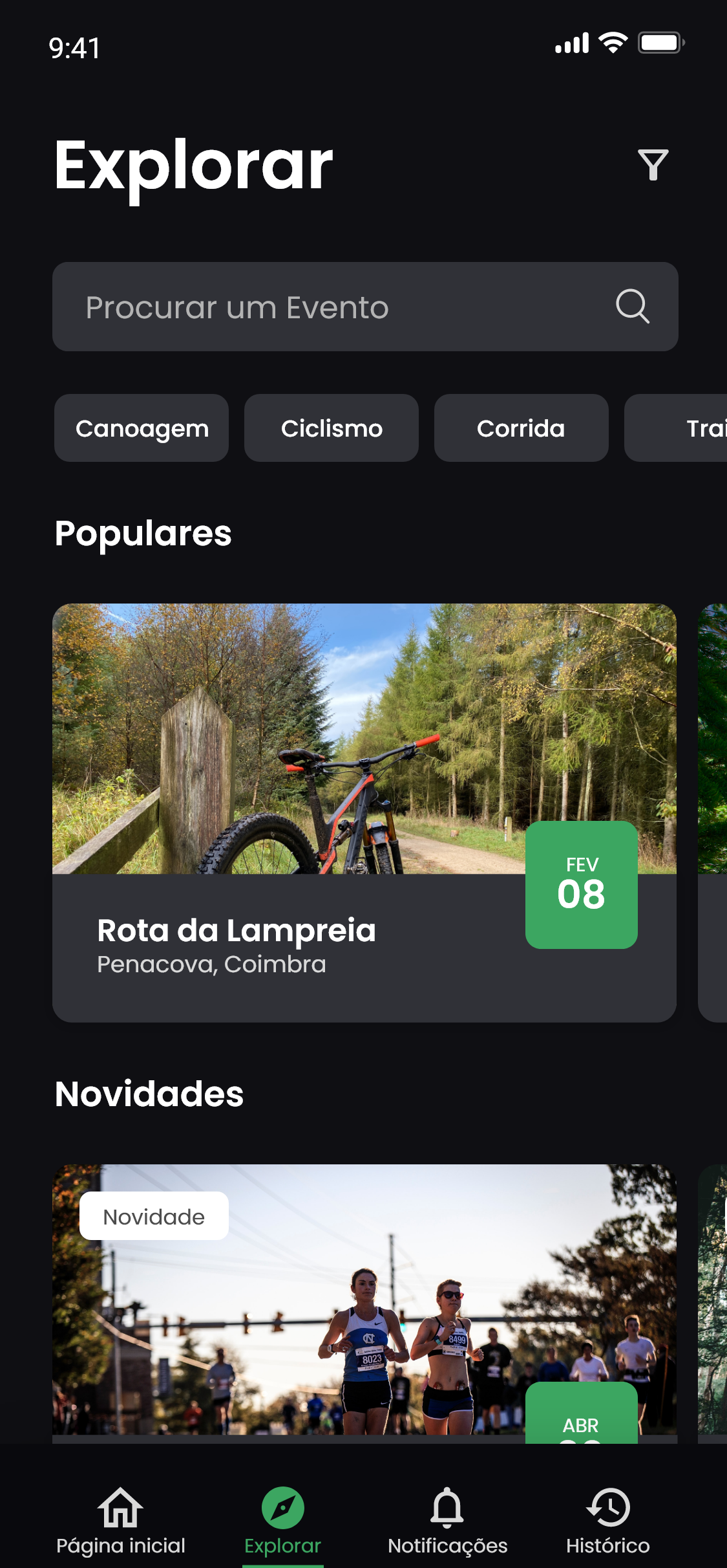 Mobile modo escuro — explorar eventos
