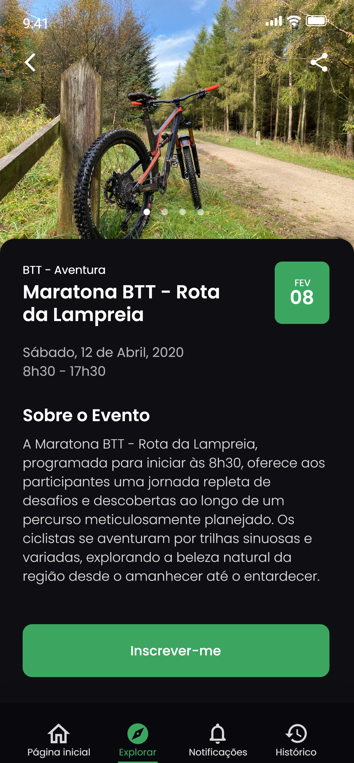Mobile modo escuro — detalhe de evento