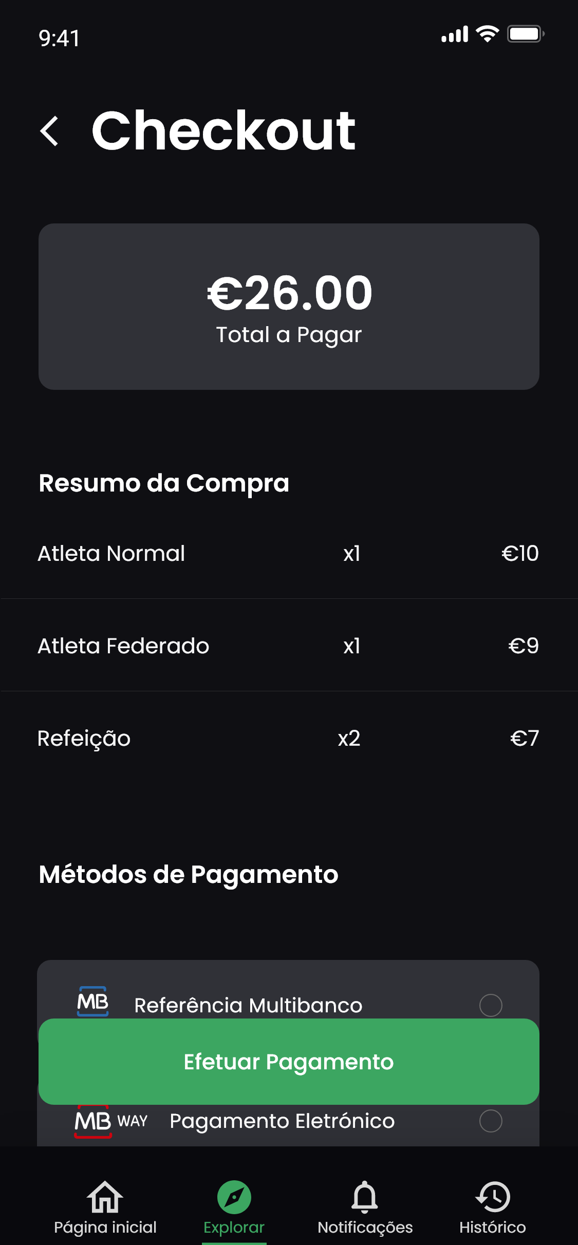 Mobile modo escuro — métodos de pagamento